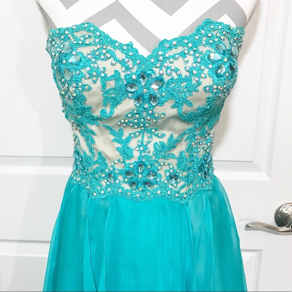 La Femme Aqua Blue Teal Prom Pageant Dress Chiffon Lace High Low Strapless Gown - Picture 1 of 8